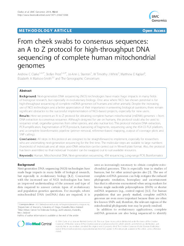 From cheek swabs to consensus sequences: an A to Z protocol for high-throughput DNA sequencing of complete human mitochondrial genomes Thumbnail