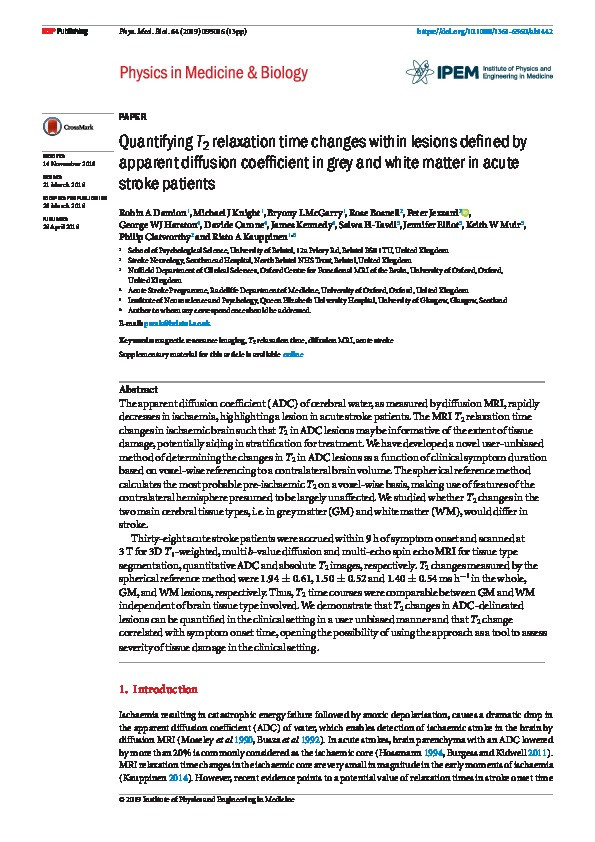 Quantifying T2 relaxation time changes within lesions defined by apparent diffusion coefficient in grey and white matter in acute stroke patients Thumbnail