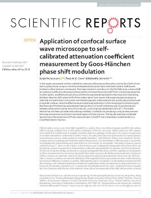 Application of confocal surface wave microscope to self-calibrated attenuation coefficient measurement by Goos-Hänchen phase shift modulation Thumbnail