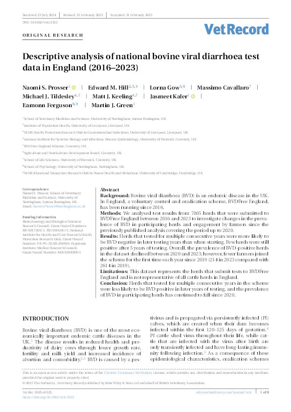 Descriptive analysis of national bovine viral diarrhoea test data in England (2016–2023) Thumbnail