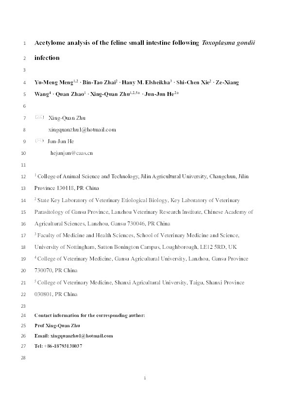 Acetylome analysis of the feline small intestine following Toxoplasma gondii infection Thumbnail