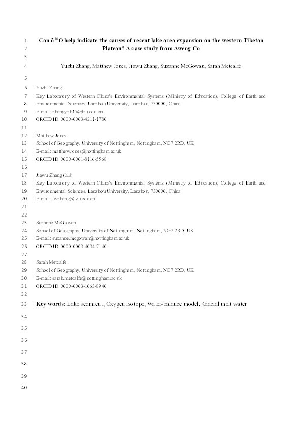 Can δ18O help indicate the causes of recent lake area expansion on the western Tibetan Plateau? A case study from Aweng Co Thumbnail