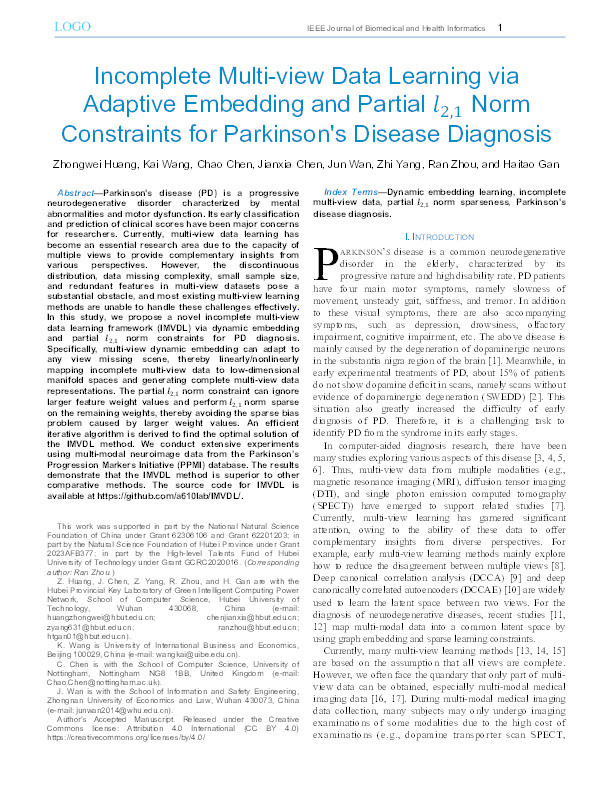 Incomplete Multi-view Data Learning via Adaptive Embedding and Partial l 2,1 Norm Constraints for Parkinson's Disease Diagnosis Thumbnail