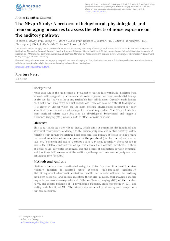 The NExpo Study: A protocol of behavioural, physiological, and neuroimaging measures to assess the effects of noise exposure on the auditory pathway Thumbnail