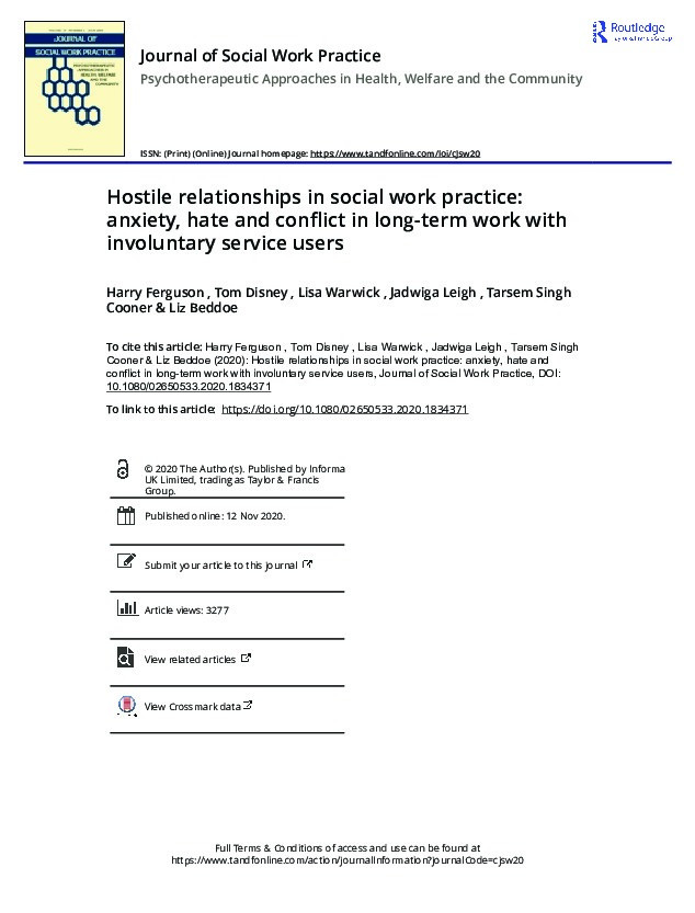 Hostile relationships in social work practice: anxiety, hate and conflict in long-term work with involuntary service users Thumbnail