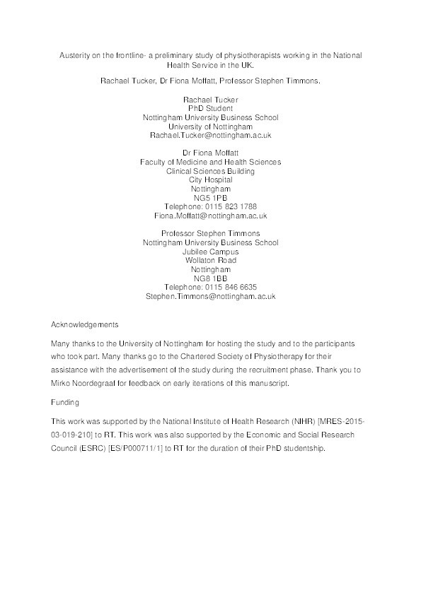 Austerity on the frontline- a preliminary study of physiotherapists working in the National Health Service in the UK Thumbnail