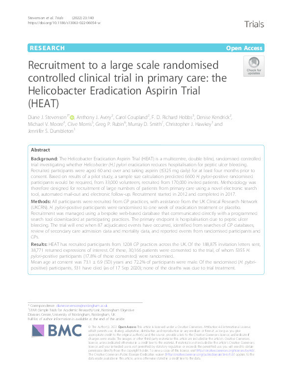 Recruitment to a large scale randomised controlled clinical trial in primary care: the Helicobacter Eradication Aspirin Trial (HEAT) Thumbnail