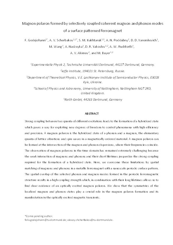 Magnon polaron formed by selectively coupled coherent magnon and phonon modes of a surface patterned ferromagnet Thumbnail