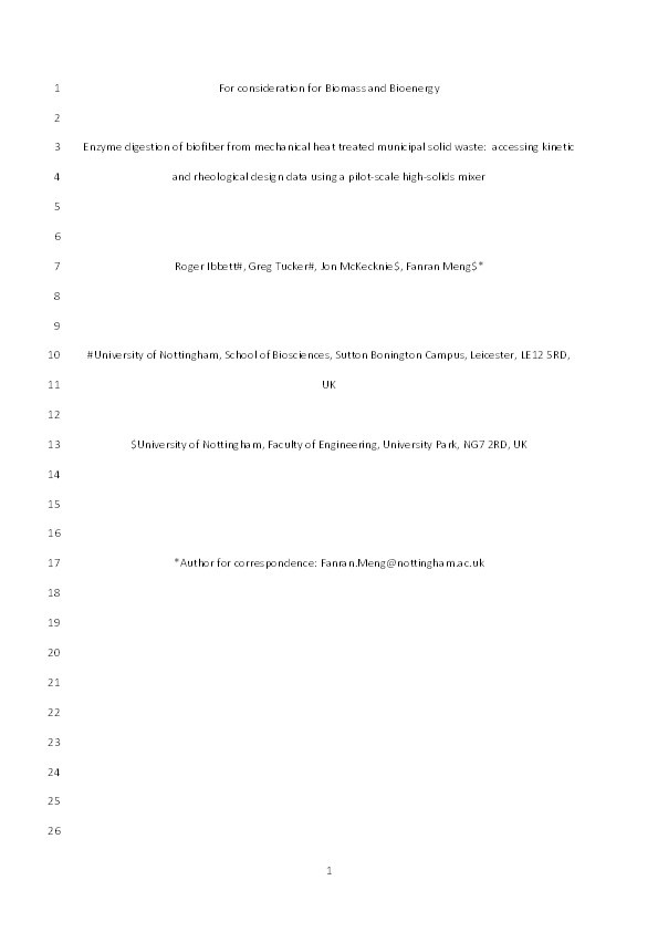 Enzyme digestion of biofiber from mechanical heat treated municipal solid waste: Accessing kinetic and rheological design data using a pilot-scale high-solids mixer Thumbnail