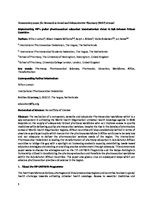 Implementing FIP's global pharmaceutical education transformation vision in Sub-Saharan African countries Thumbnail