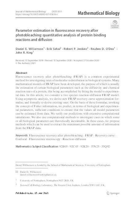 Parameter estimation in fluorescence recovery after photobleaching: Quantitative analysis of protein binding reactions and diffusion Thumbnail