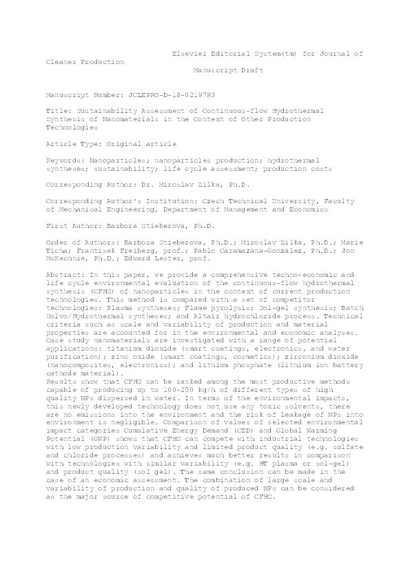 Sustainability assessment of continuous-flow hydrothermal synthesis of nanomaterials in the context of other production technologies Thumbnail