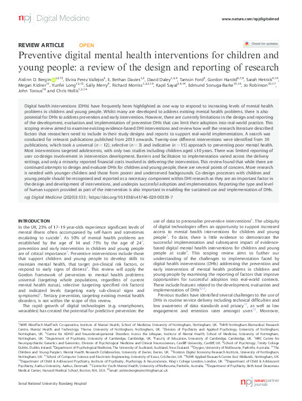 Preventive digital mental health interventions for children and young people: a review of the design and reporting of research Thumbnail