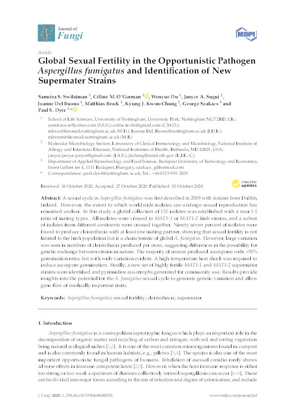 Global sexual fertility in the opportunistic pathogen aspergillus fumigatus and identification of new supermater strains Thumbnail