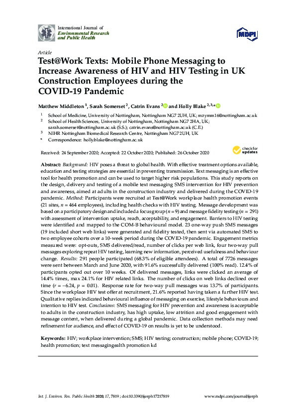 Test@Work Texts: Mobile Phone Messaging to Increase Awareness of HIV and HIV Testing in UK Construction Employees during the COVID-19 Pandemic Thumbnail
