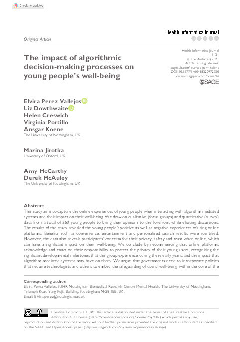 The impact of algorithmic decision-making processes on young people’s well-being Thumbnail