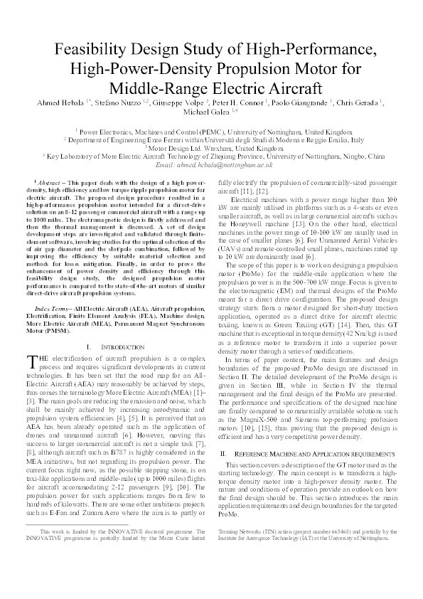 Feasibility Design Study of High-Performance, High-Power-Density Propulsion Motor for Middle-Range Electric Aircraft Thumbnail