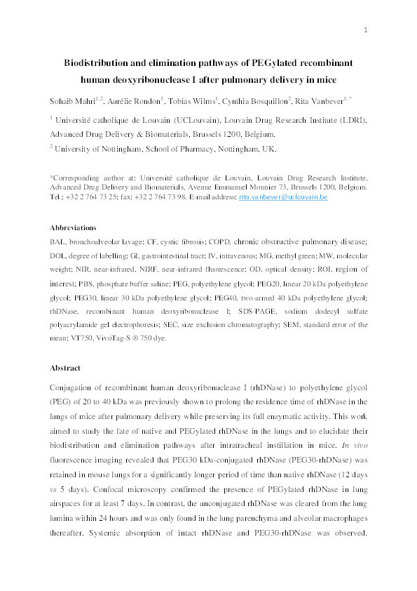 Biodistribution and elimination pathways of PEGylated recombinant human deoxyribonuclease I after pulmonary delivery in mice Thumbnail