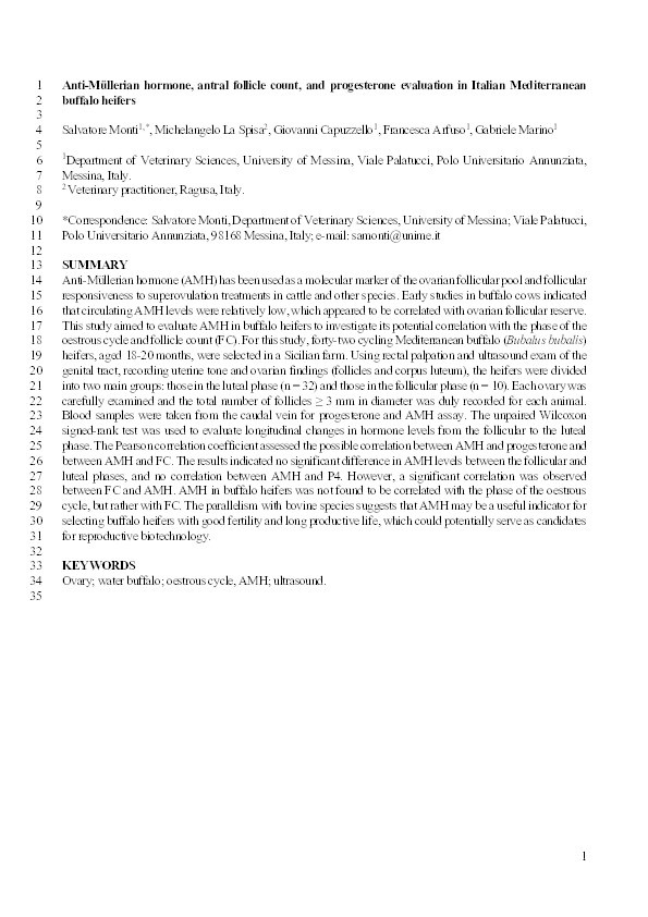 Anti-Müllerian hormone, antral follicle count, and progesterone evaluation in Italian Mediterranean buffalo heifers Thumbnail