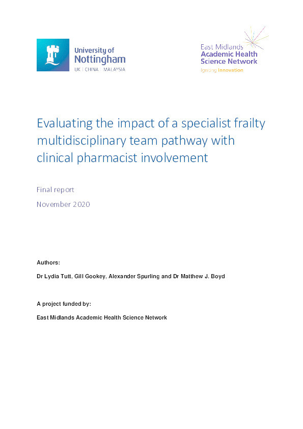 Evaluating the impact of a specialist frailty multidisciplinary team pathway with clinical pharmacist involvement: final report, November 2020 Thumbnail