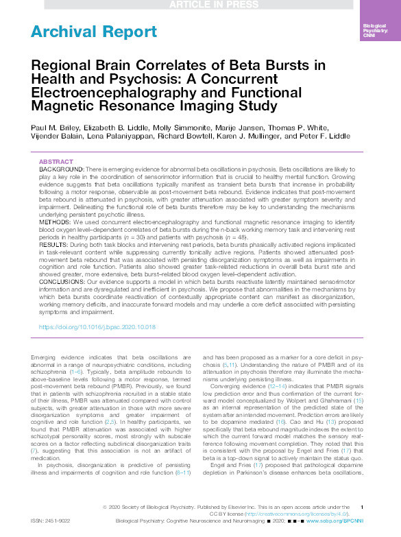 Regional Brain Correlates of Beta Bursts in Health and Psychosis: A Concurrent Electroencephalography and Functional Magnetic Resonance Imaging Study Thumbnail