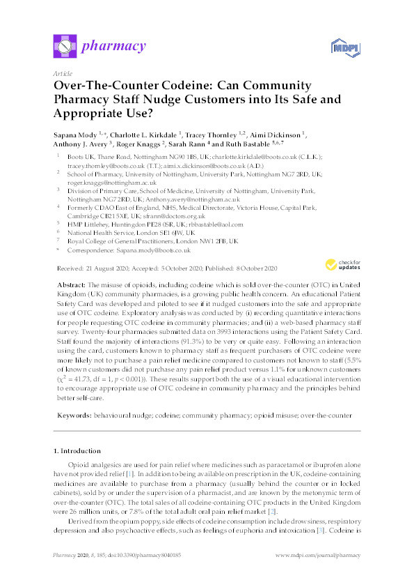 Over-The-Counter Codeine: Can Community Pharmacy Staff Nudge Customers into Its Safe and Appropriate Use? Thumbnail