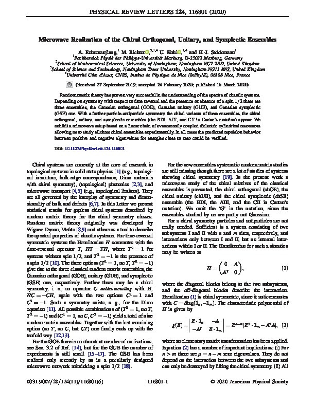 Microwave Realization of the Chiral Orthogonal, Unitary, and Symplectic Ensembles Thumbnail