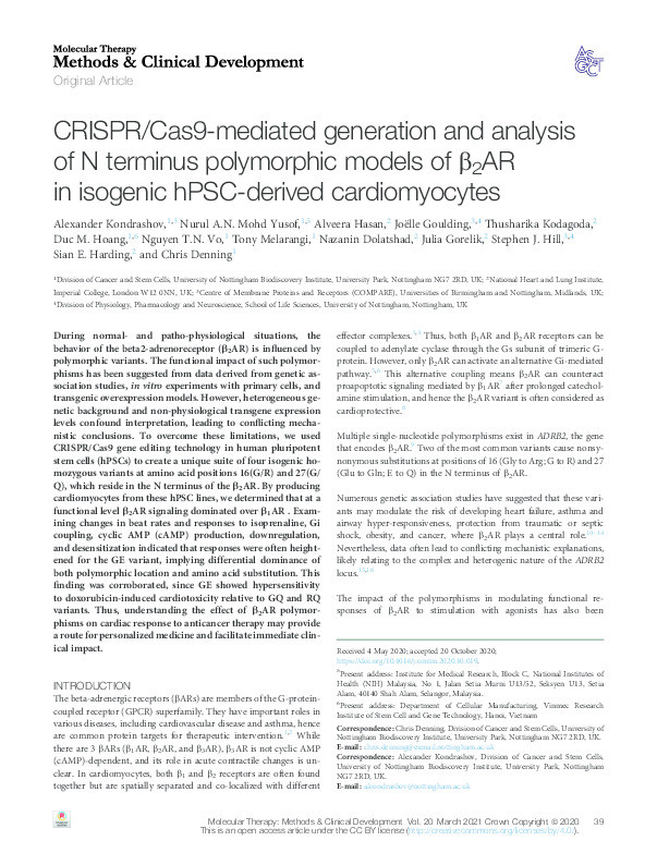 CRISPR/Cas9-mediated generation and analysis of N terminus polymorphic models of β2AR in isogenic hPSC-derived cardiomyocytes Thumbnail