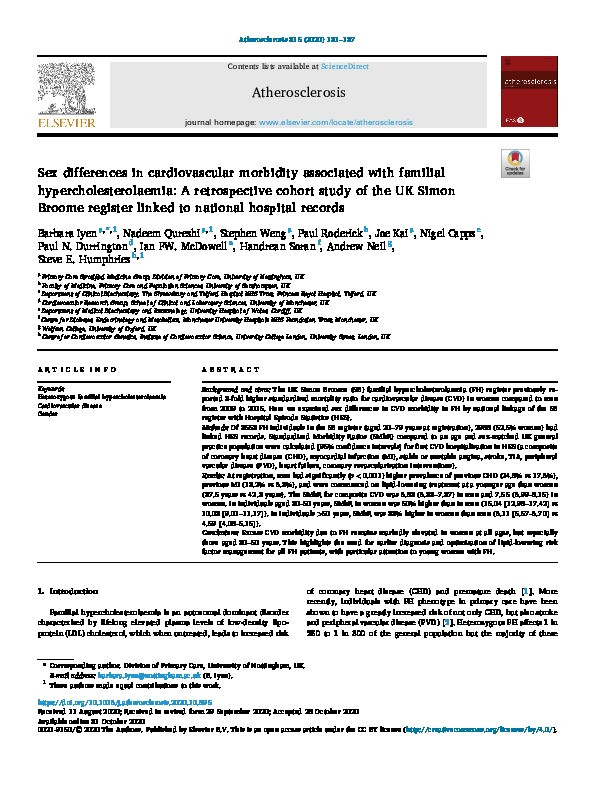 Sex differences in cardiovascular morbidity associated with familial hypercholesterolaemia: A retrospective cohort study of the UK Simon Broome register linked to national hospital records Thumbnail