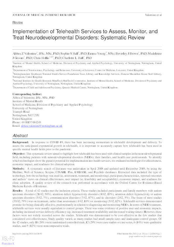 The implementation of telehealth to assess, monitor and treat neurodevelopmental disorders: a systematic review Thumbnail