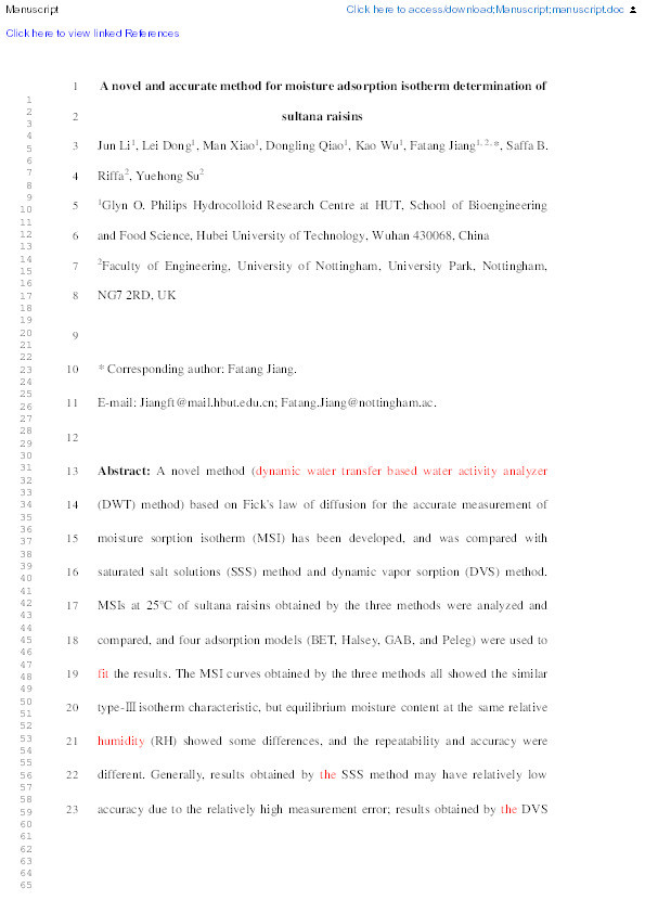 A Novel and Accurate Method for Moisture Adsorption Isotherm Determination of Sultana Raisins Thumbnail