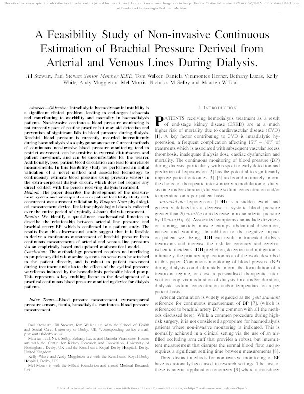 A Feasibility Study of Non-Invasive Continuous Estimation of Brachial Pressure Derived from Arterial and Venous Lines During Dialysis Thumbnail