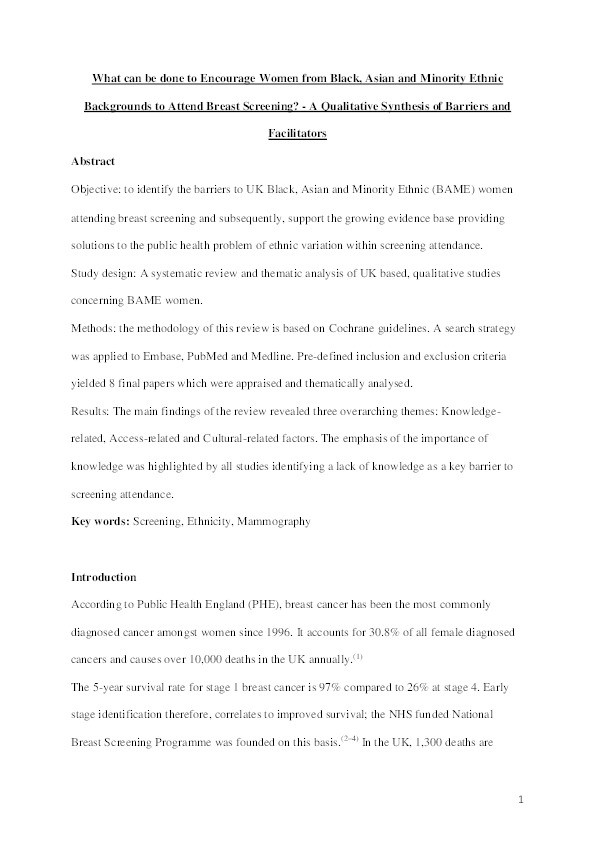 What can be done to Encourage Women from Black, Asian and Minority Ethnic Backgrounds to Attend Breast Screening? - A Qualitative Synthesis of Barriers and Facilitators Thumbnail