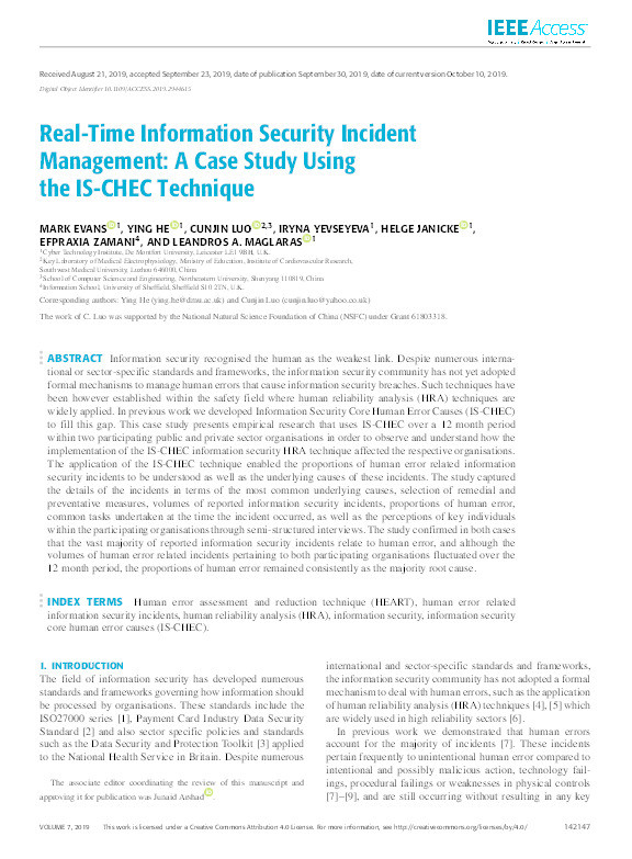 Real-Time Information Security Incident Management: A Case Study Using the IS-CHEC Technique Thumbnail