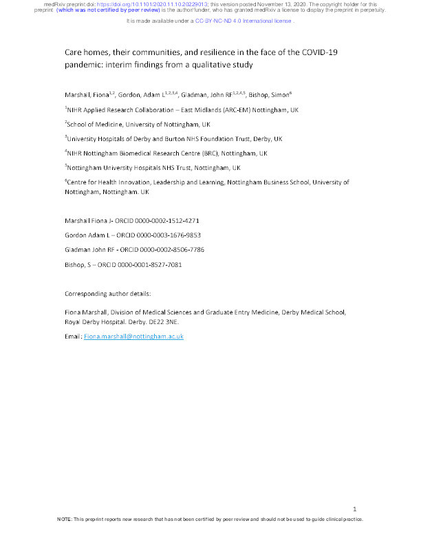 Care homes, their communities, and resilience in the face of the COVID-19 pandemic: interim findings from a qualitative study Thumbnail