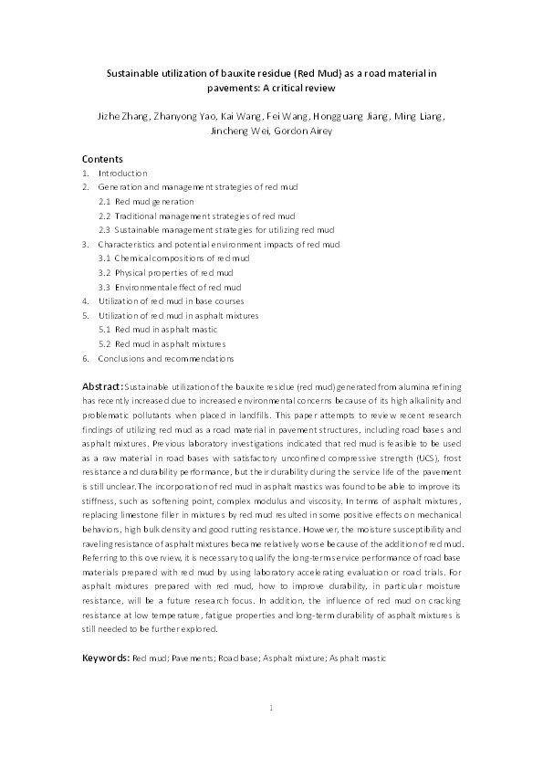 Sustainable utilization of bauxite residue (Red Mud) as a road material in pavements: A critical review Thumbnail