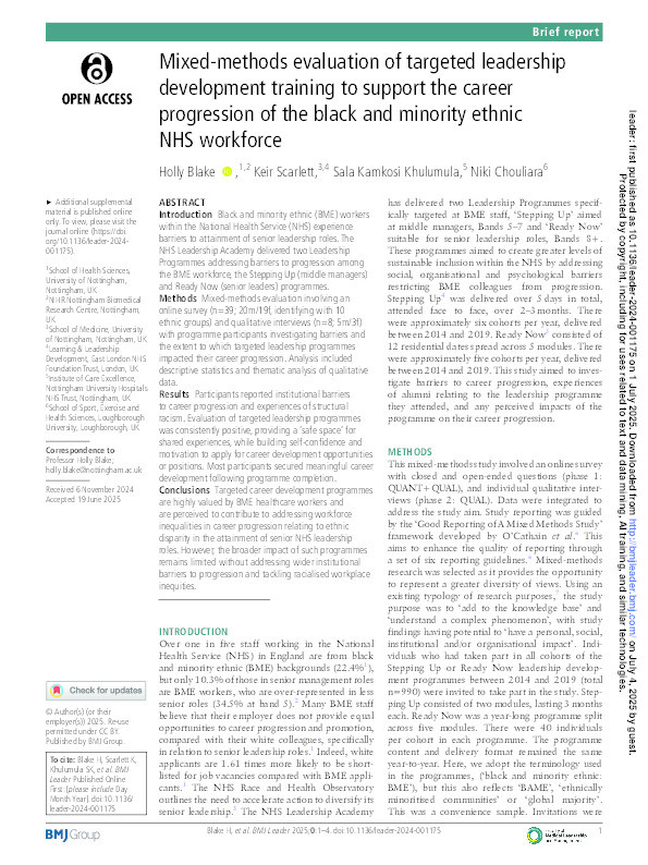 A mixed-methods evaluation of targeted leadership development training to support the career progression of the Black and Minority Ethnic NHS workforce Thumbnail