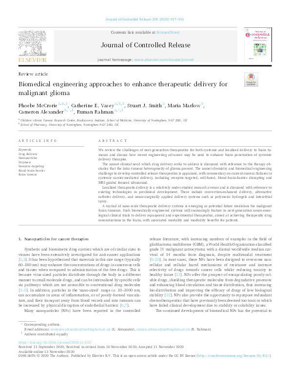 Biomedical engineering approaches to enhance therapeutic delivery for malignant glioma Thumbnail