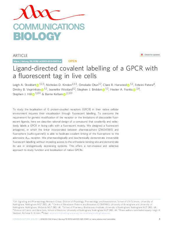 Ligand-directed covalent labelling of a GPCR with a fluorescent tag in live cells Thumbnail