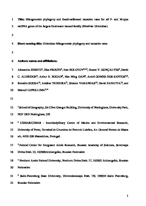 Mitogenomic phylogeny and fossil-calibrated mutation rates for all F- and M-type mtDNA genes of the largest freshwater mussel family, the Unionidae (Bivalvia) Thumbnail
