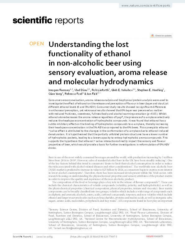 Understanding the lost functionality of ethanol in non-alcoholic beer using sensory evaluation, aroma release and molecular hydrodynamics Thumbnail