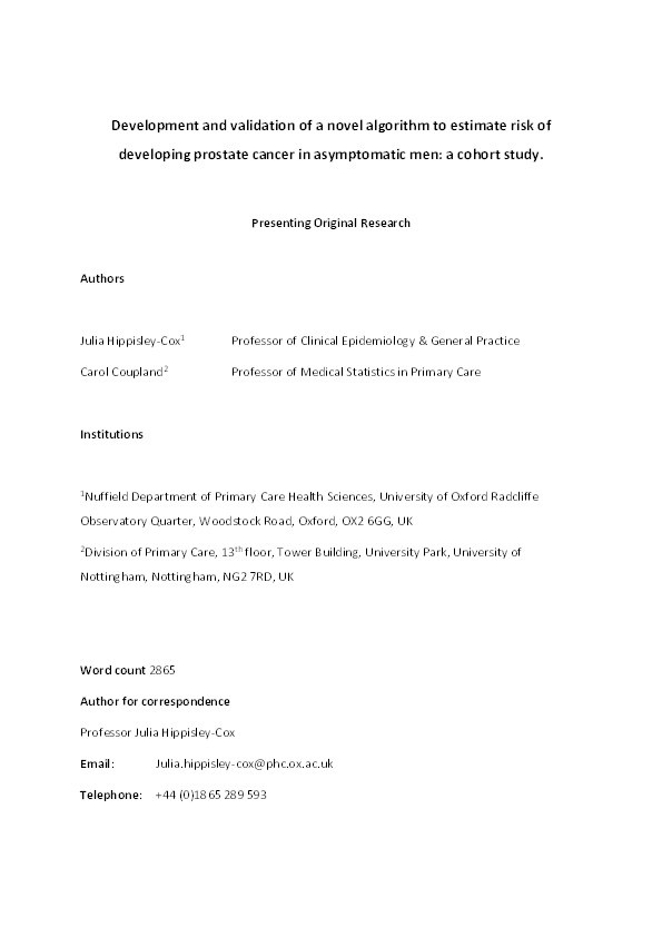 Development and validation of a novel algorithm to estimate risk of developing prostate cancer in asymptomatic men: a cohort study Thumbnail