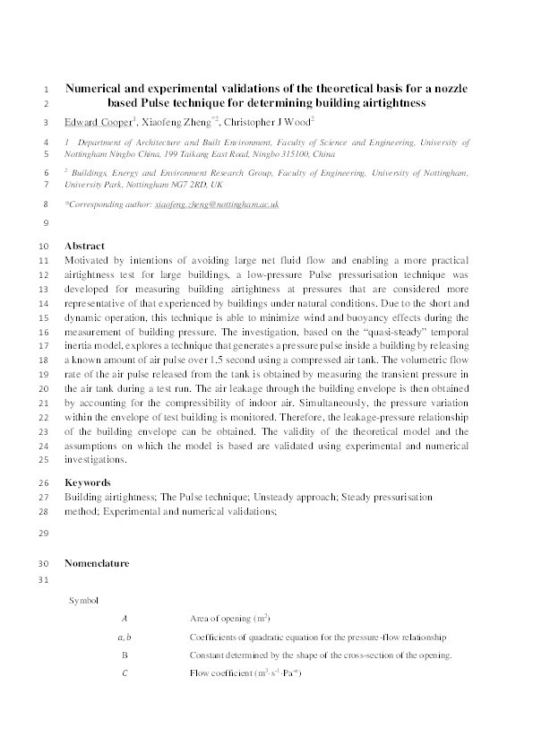 Numerical and experimental validations of the theoretical basis for a nozzle based pulse technique for determining building airtightness Thumbnail