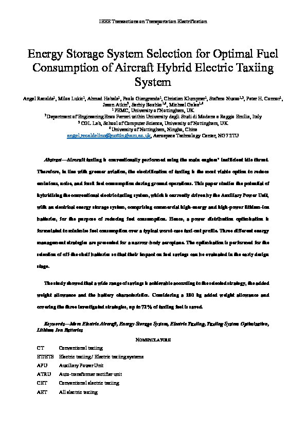 Energy Storage System Selection for Optimal Fuel Consumption of Aircraft Hybrid Electric Taxiing Systems Thumbnail
