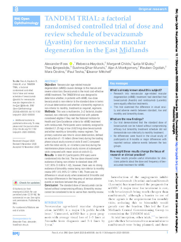 TANDEM TRIAL: a factorial randomised controlled trial of dose and review schedule of bevacizumab (Avastin) for neovascular macular degeneration in the East Midlands Thumbnail