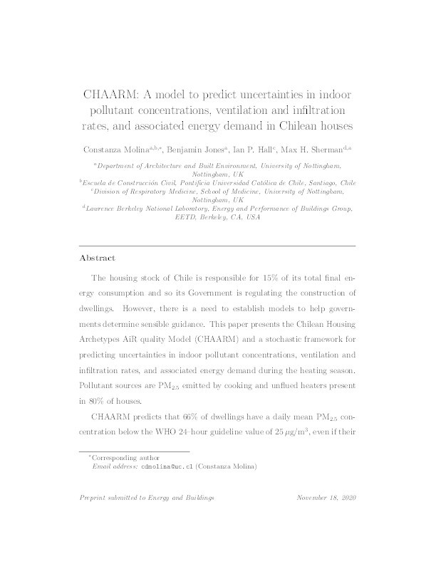 CHAARM: A model to predict uncertainties in indoor pollutant concentrations, ventilation and infiltration rates, and associated energy demand in Chilean houses Thumbnail