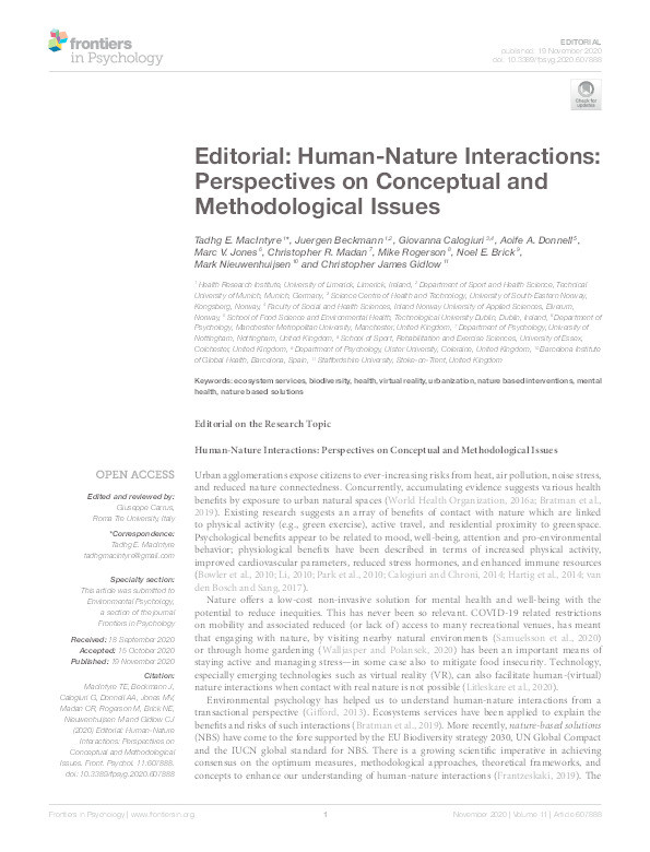 Editorial: Human-Nature Interactions: Perspectives on Conceptual and Methodological Issues Thumbnail