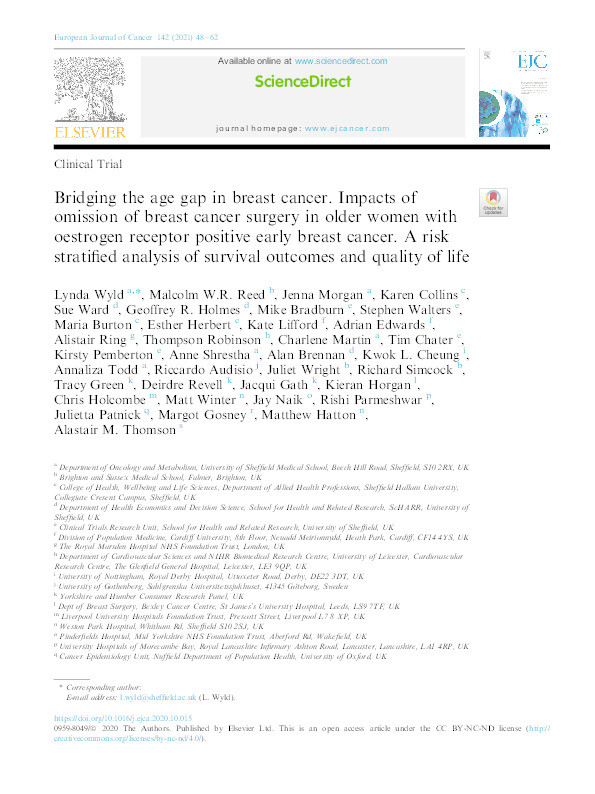 Bridging the age gap in breast cancer. Impacts of omission of breast cancer surgery in older women with oestrogen receptor positive early breast cancer. A risk stratified analysis of survival outcomes and quality of life Thumbnail