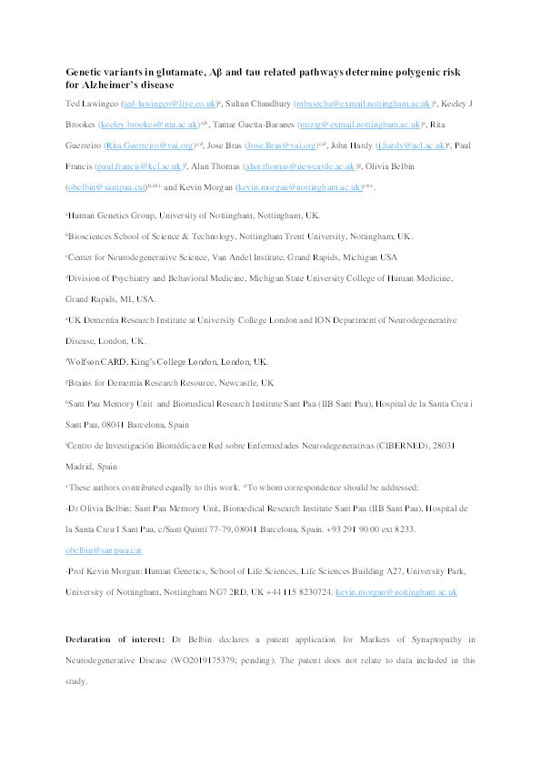 Genetic variants in glutamate-, Aβ−, and tau-related pathways determine polygenic risk for Alzheimer's disease Thumbnail