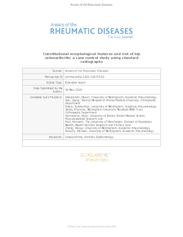 Constitutional morphological features and risk of hip osteoarthritis: a case–control study using standard radiographs Thumbnail